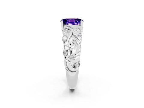 White gold Oval Cut Solitaire Tanzanite Leaf-Inspired Vine Band Ring with Prong Setting_2