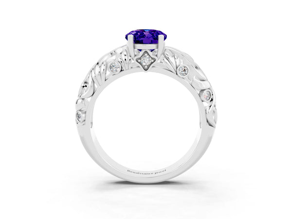 Platinum Oval Cut Solitaire Tanzanite Leaf-Inspired Vine Band Ring with Prong Setting