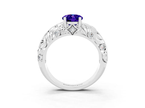 White gold Oval Cut Solitaire Tanzanite Leaf-Inspired Vine Band Ring with Prong Setting_3