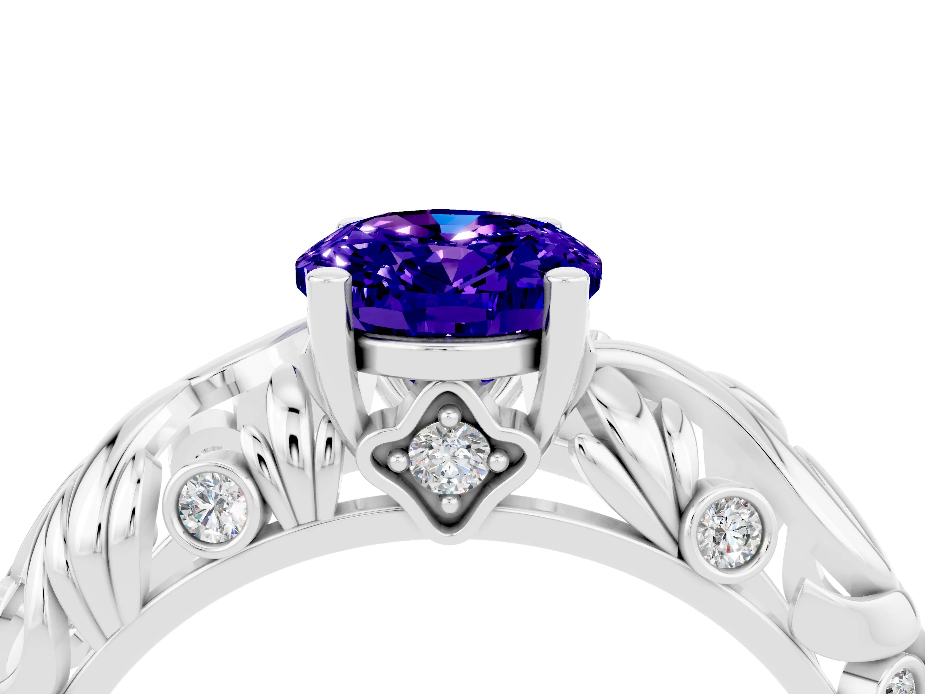 White gold Oval Cut Solitaire Tanzanite Leaf-Inspired Vine Band Ring with Prong Setting_4