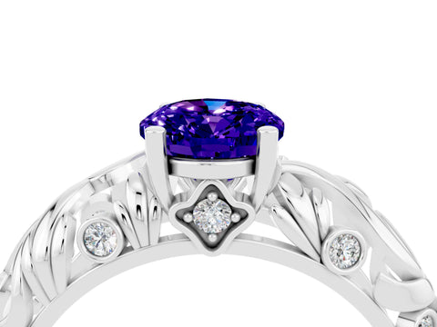 White gold Oval Cut Solitaire Tanzanite Leaf-Inspired Vine Band Ring with Prong Setting_4