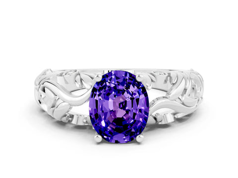 White gold Oval Cut Solitaire Tanzanite Leaf-Inspired Vine Band Ring with Prong Setting