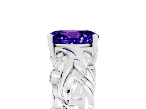 White gold Oval Cut Solitaire Tanzanite Leaf-Inspired Vine Band Ring with Prong Setting_5
