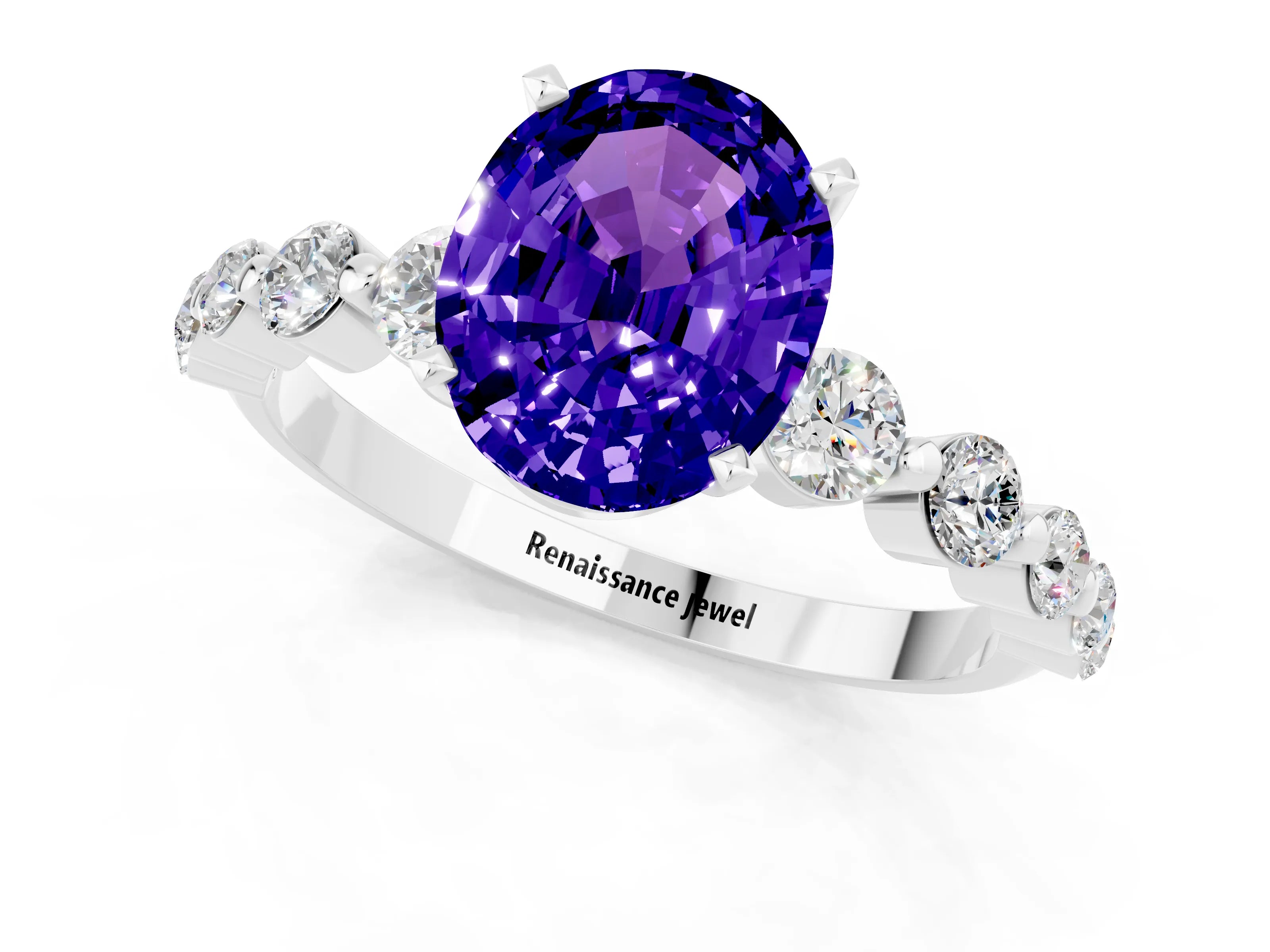 White gold Oval Cut Solitaire Tanzanite Ring with Pave Band and Four-Prong Setting_1