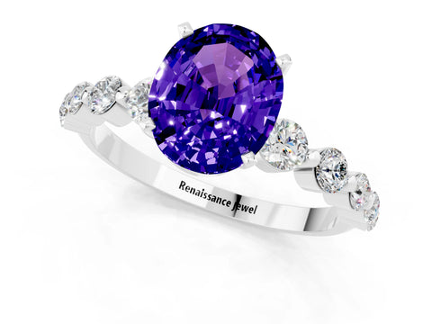 White gold Oval Cut Solitaire Tanzanite Ring with Pave Band and Four-Prong Setting_1