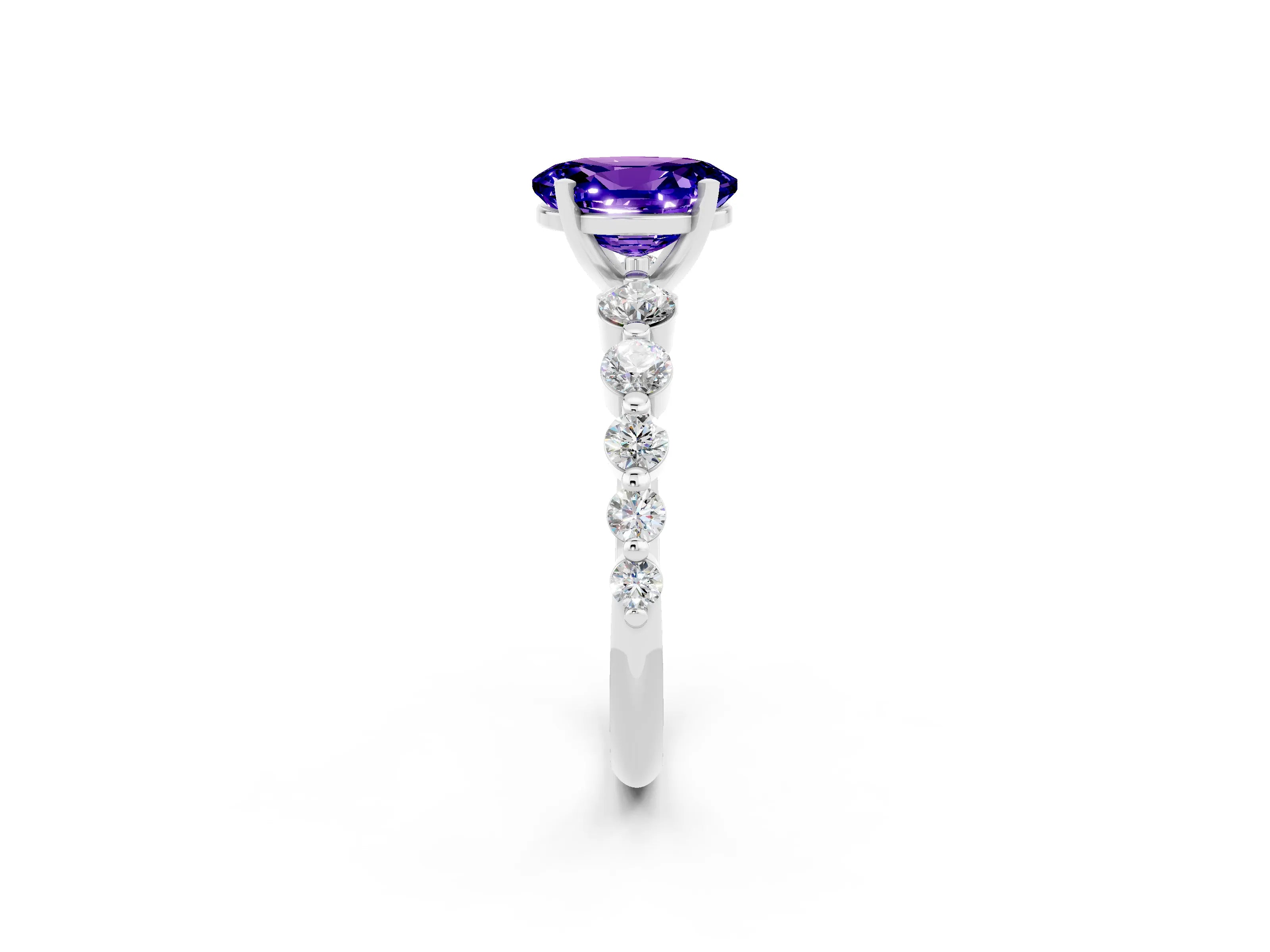 White gold Oval Cut Solitaire Tanzanite Ring with Pave Band and Four-Prong Setting_2