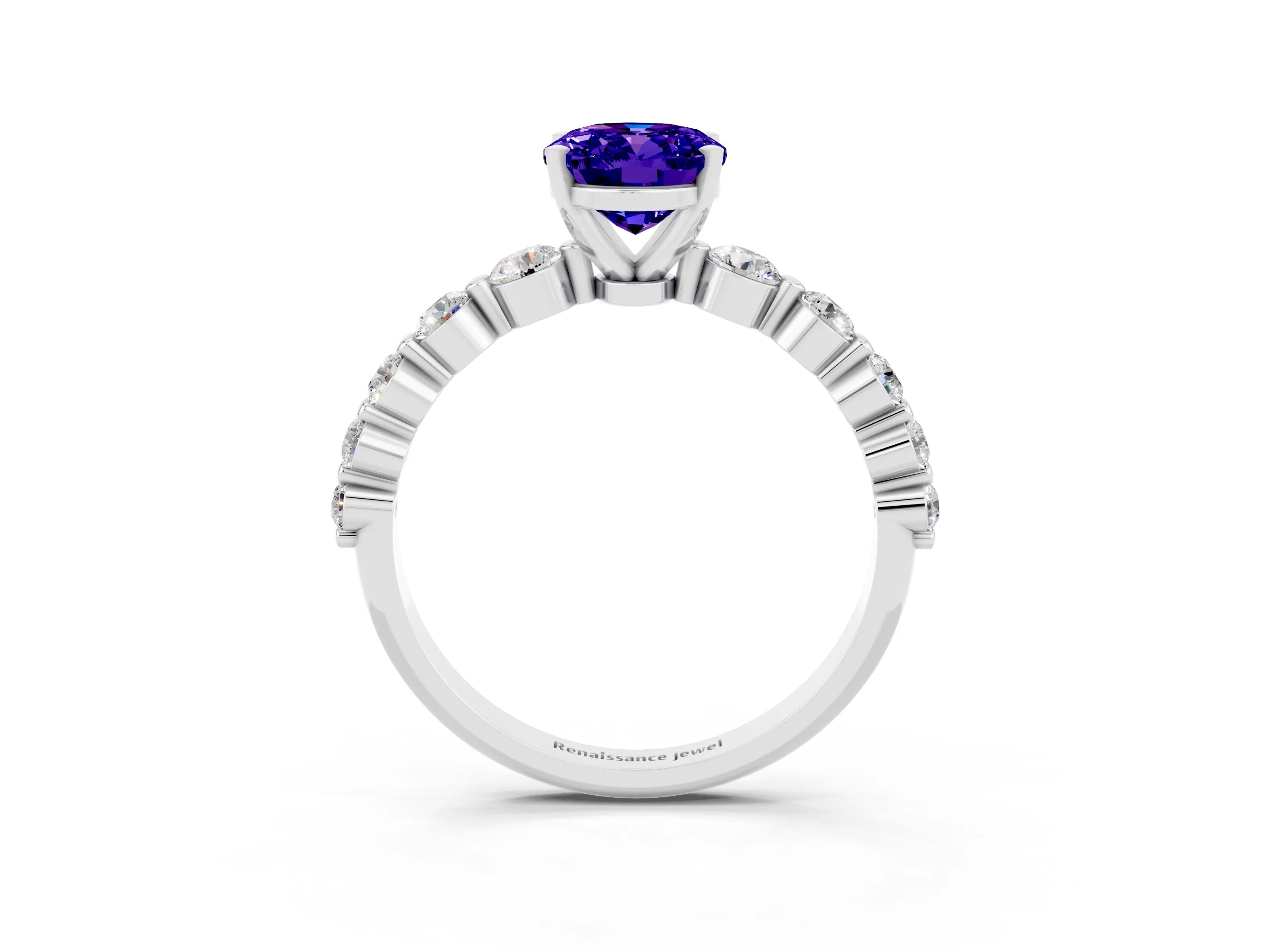 White gold Oval Cut Solitaire Tanzanite Ring with Pave Band and Four-Prong Setting_3