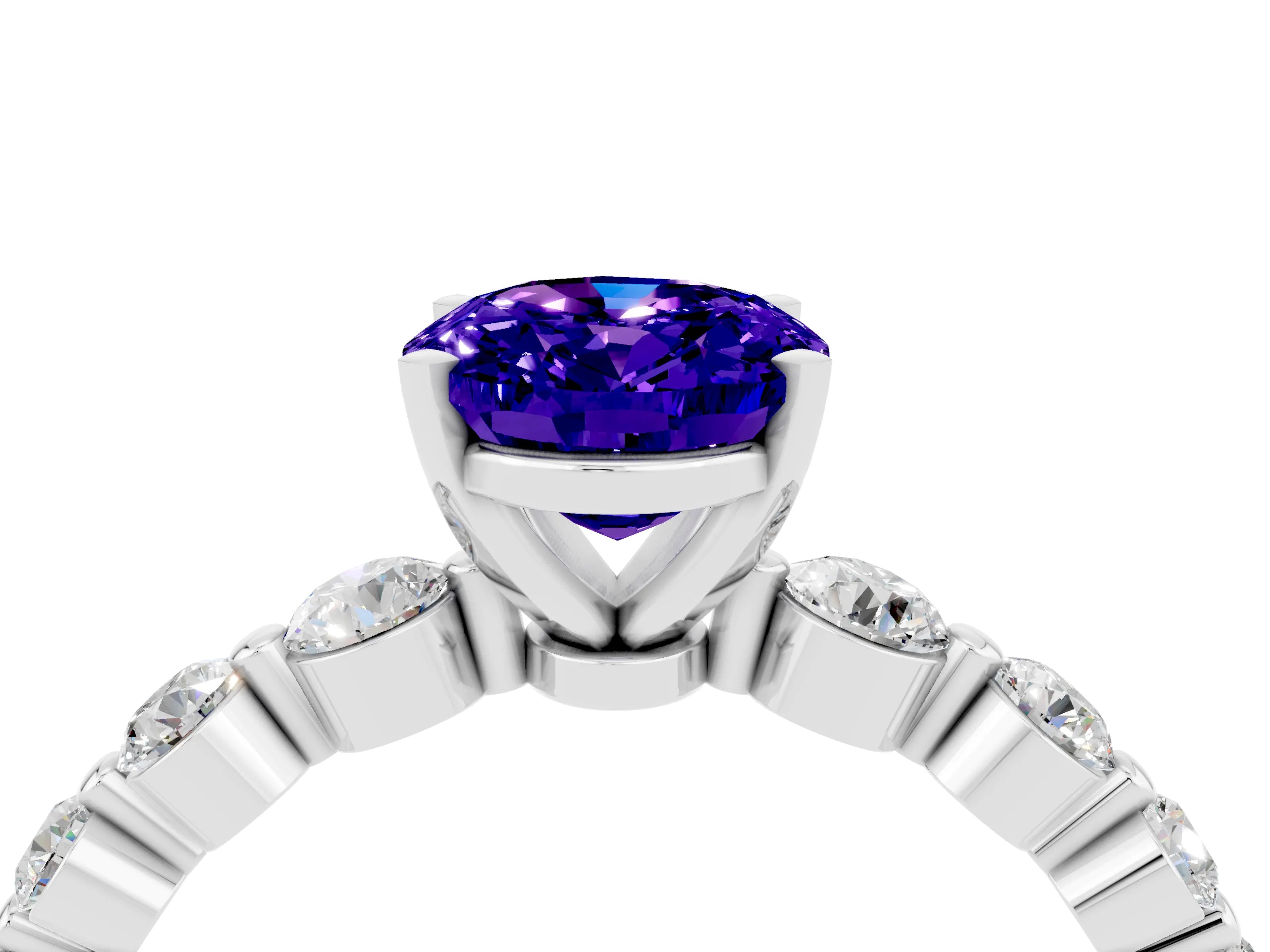 White gold Oval Cut Solitaire Tanzanite Ring with Pave Band and Four-Prong Setting_4