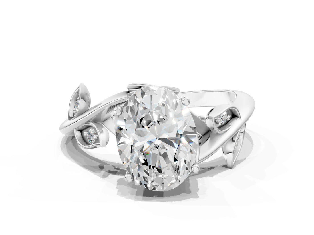White gold Oval Cut Solitaire Twist Engagement Ring with Leaf Accents and Prong Setting_19
