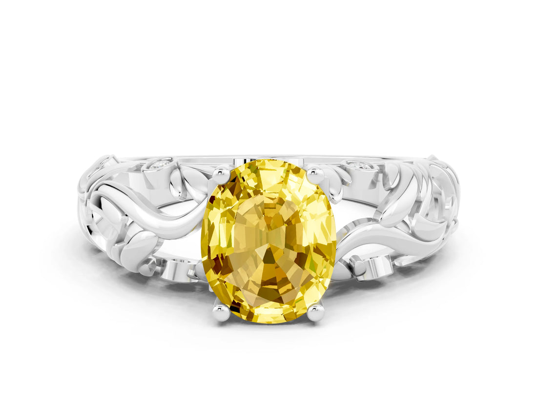 White gold Oval Cut Solitaire Yellow Sapphire Leaf-Inspired Vine Band Ring with Prong Setting_24
