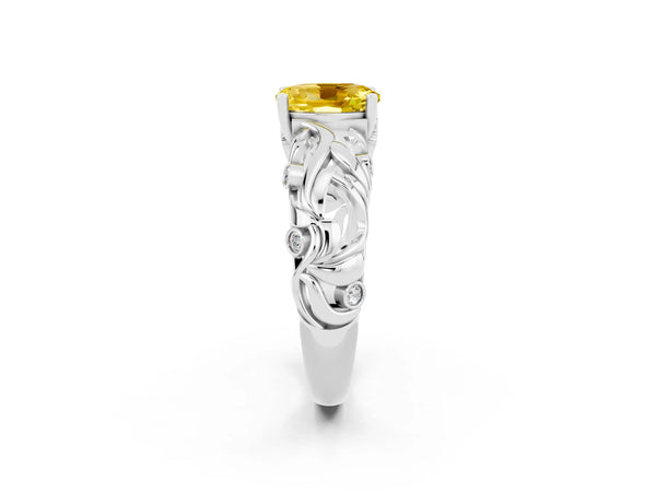 White gold Oval Cut Solitaire Yellow Sapphire Leaf-Inspired Vine Band Ring with Prong Setting