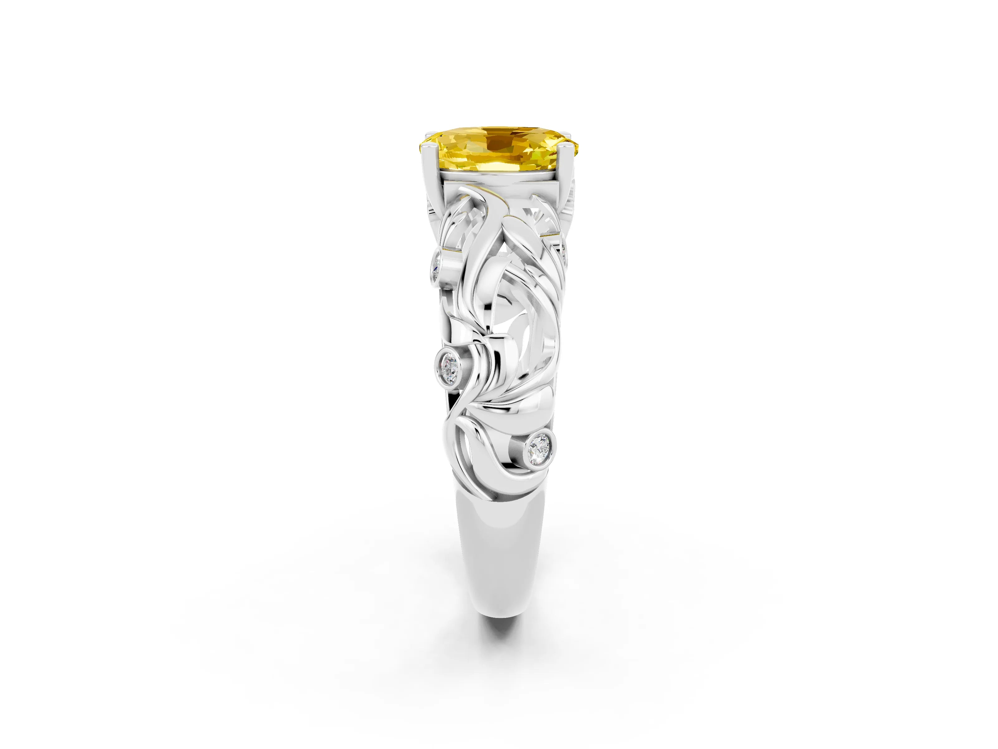 White gold Oval Cut Solitaire Yellow Sapphire Leaf-Inspired Vine Band Ring with Prong Setting_26