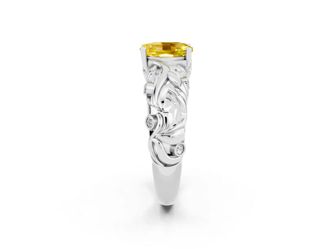 White gold Oval Cut Solitaire Yellow Sapphire Leaf-Inspired Vine Band Ring with Prong Setting_26