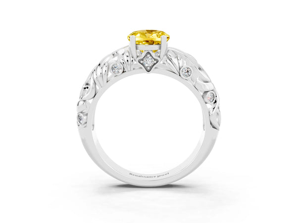 Platinum Oval Cut Solitaire Yellow Sapphire Leaf-Inspired Vine Band Ring with Prong Setting
