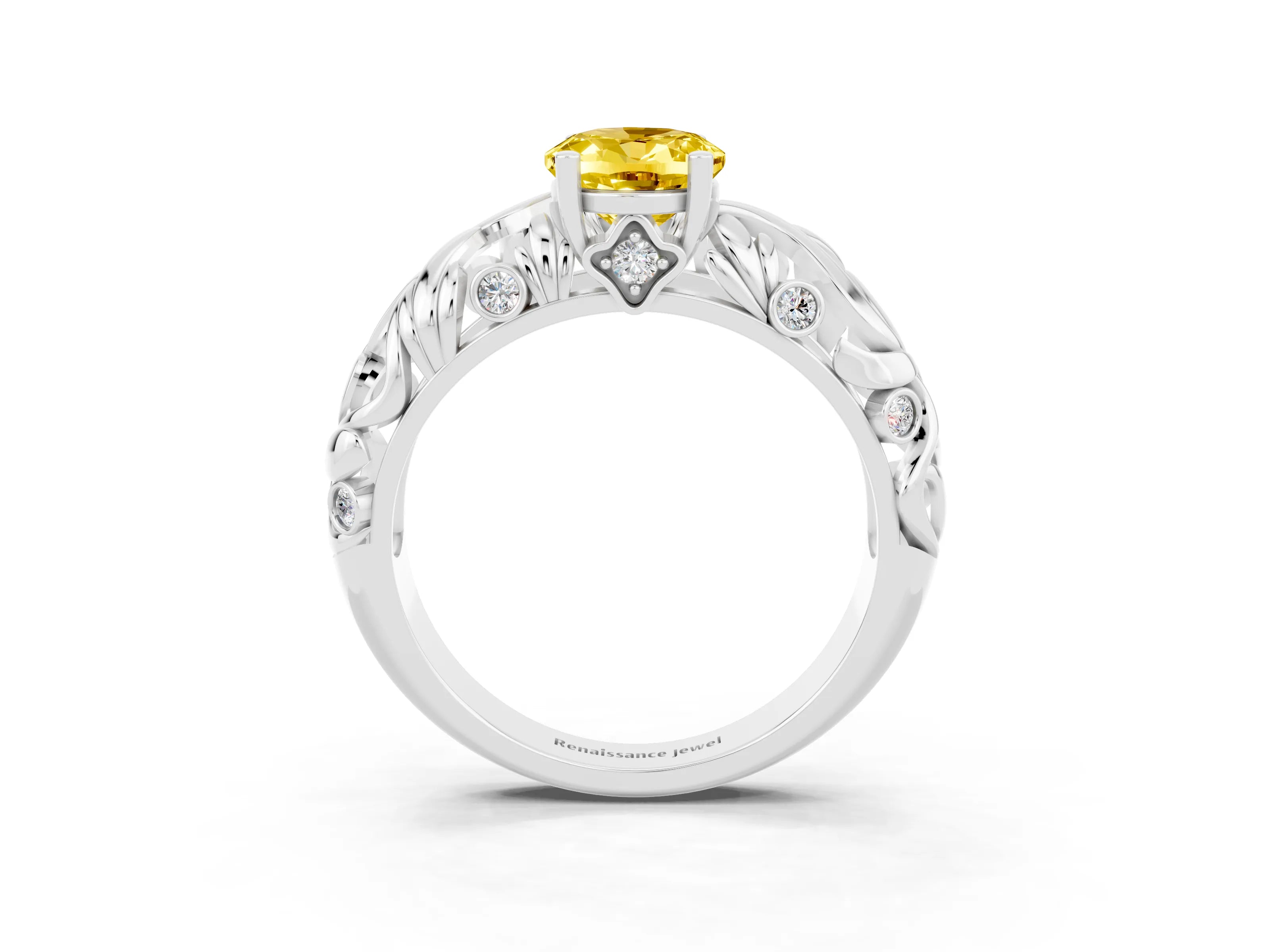 White gold Oval Cut Solitaire Yellow Sapphire Leaf-Inspired Vine Band Ring with Prong Setting_27