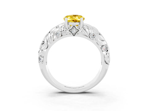 White gold Oval Cut Solitaire Yellow Sapphire Leaf-Inspired Vine Band Ring with Prong Setting_27