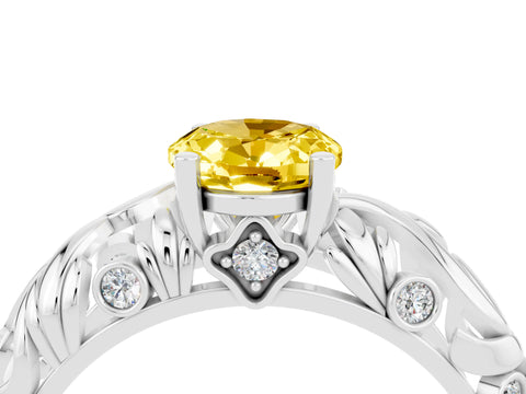 White gold Oval Cut Solitaire Yellow Sapphire Leaf-Inspired Vine Band Ring with Prong Setting_28