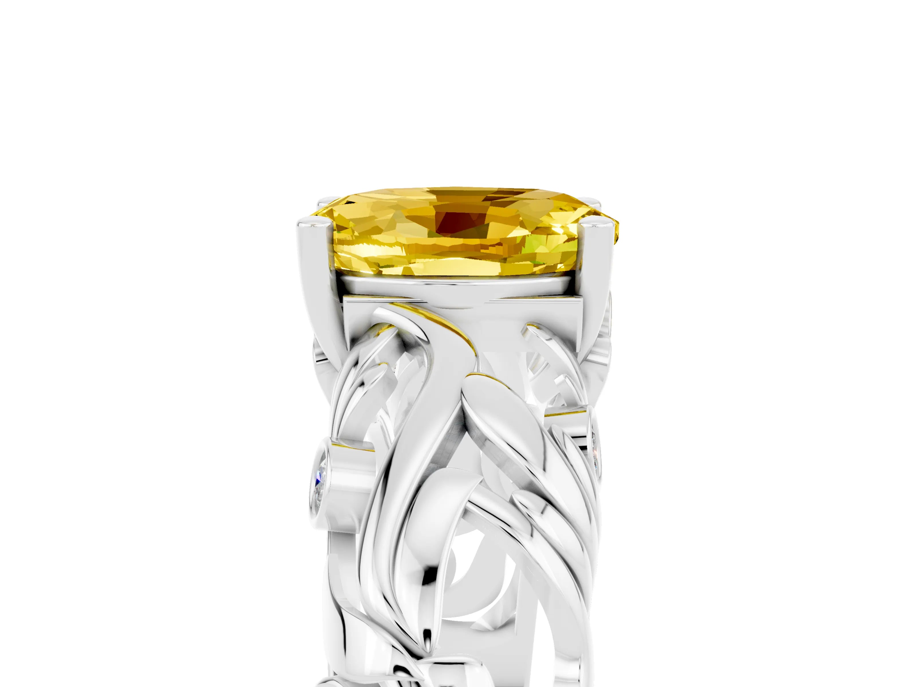White gold Oval Cut Solitaire Yellow Sapphire Leaf-Inspired Vine Band Ring with Prong Setting_29