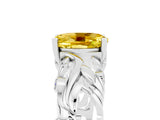 White gold Oval Cut Solitaire Yellow Sapphire Leaf-Inspired Vine Band Ring with Prong Setting_29