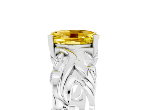White gold Oval Cut Solitaire Yellow Sapphire Leaf-Inspired Vine Band Ring with Prong Setting_29
