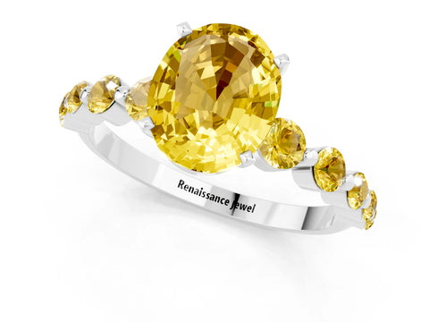 White gold Oval Cut Solitaire Yellow Sapphire Ring with Pave Band and Four-Prong Setting_1