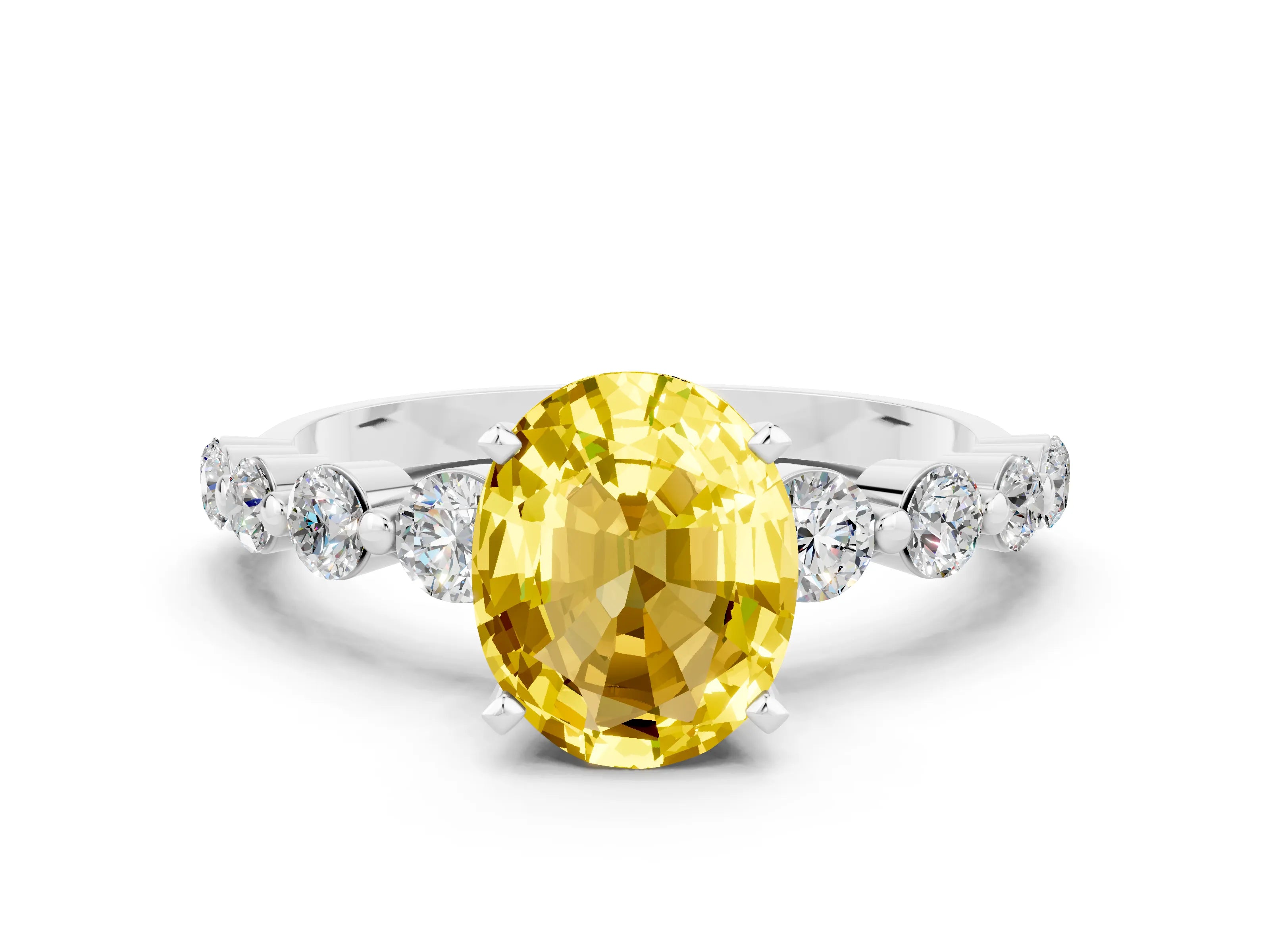 White gold Oval Cut Solitaire Yellow Sapphire Ring with Pave Band and Four-Prong Setting_24