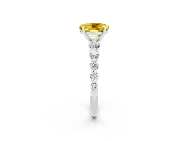 White gold Oval Cut Solitaire Yellow Sapphire Ring with Pave Band and Four-Prong Setting