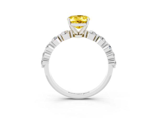 Platinum Oval Cut Solitaire Yellow Sapphire Ring with Pave Band and Four-Prong Setting