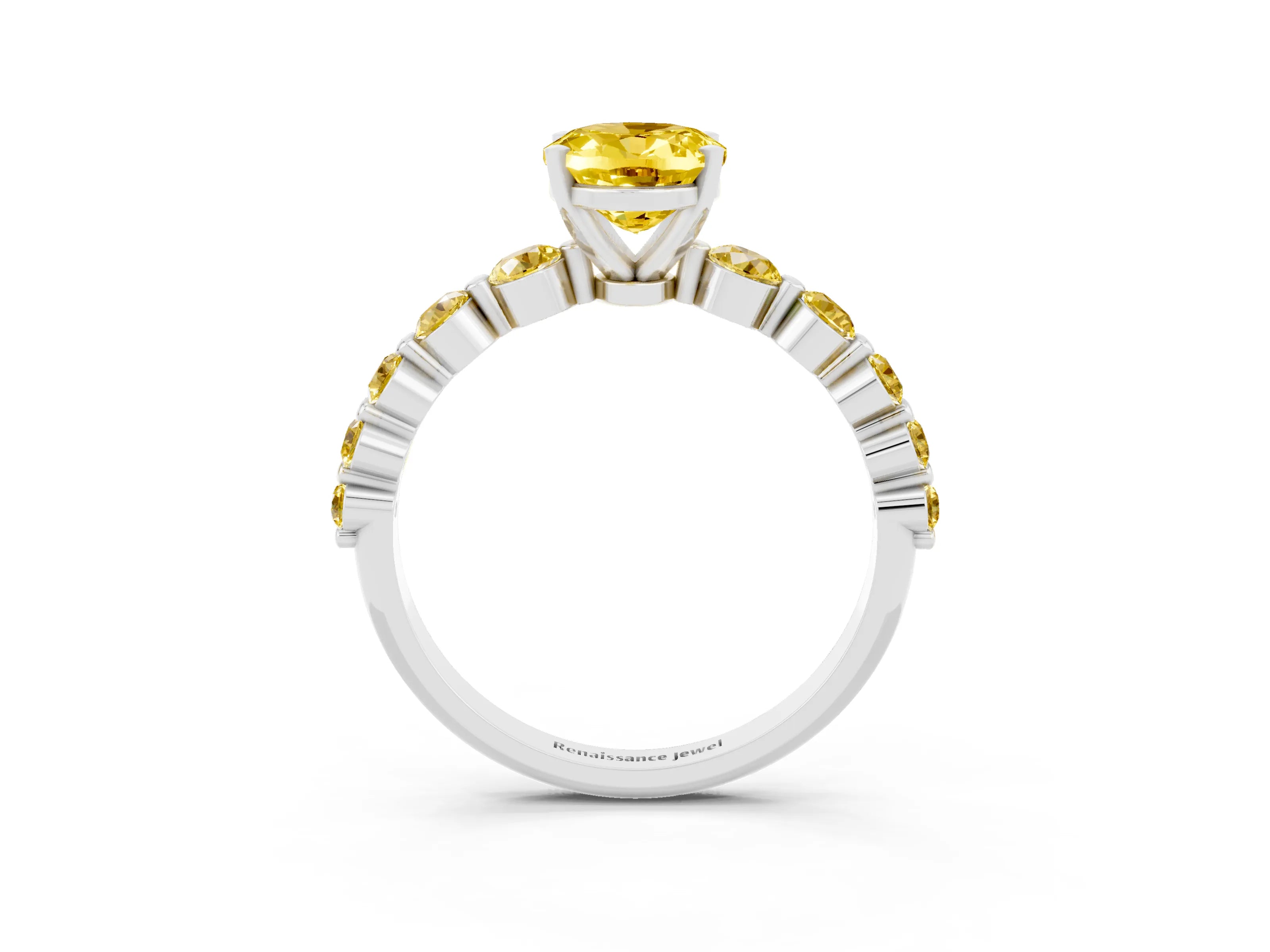 White gold Oval Cut Solitaire Yellow Sapphire Ring with Pave Band and Four-Prong Setting_3