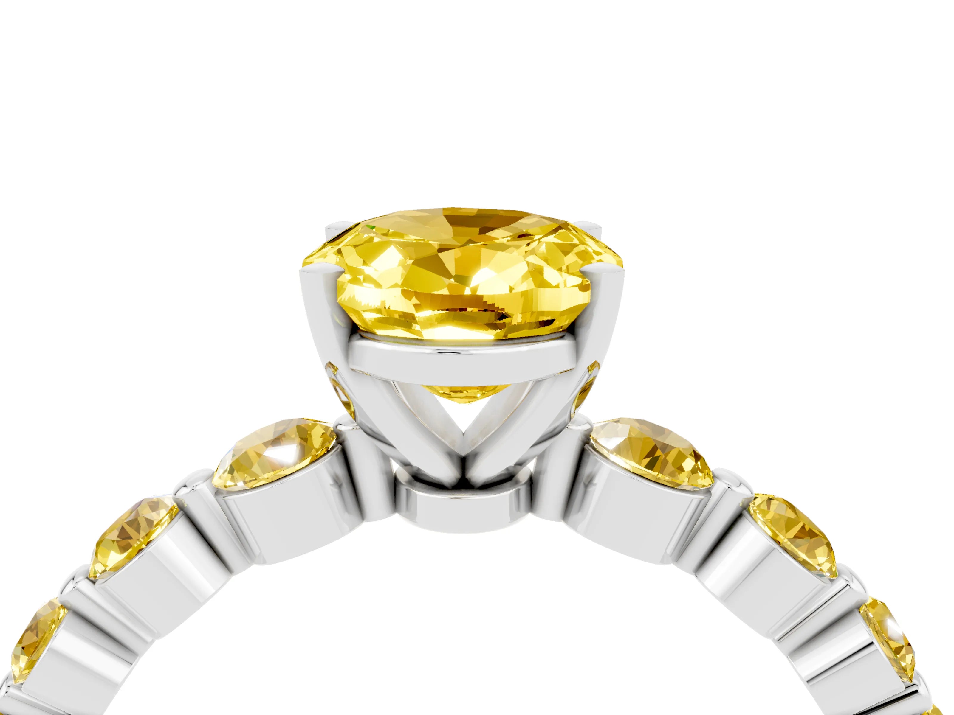 White gold Oval Cut Solitaire Yellow Sapphire Ring with Pave Band and Four-Prong Setting_4