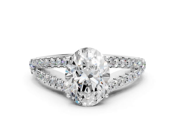 White gold Oval Cut Split Shank Pave Diamond Engagement Ring with Four-Prong Setting