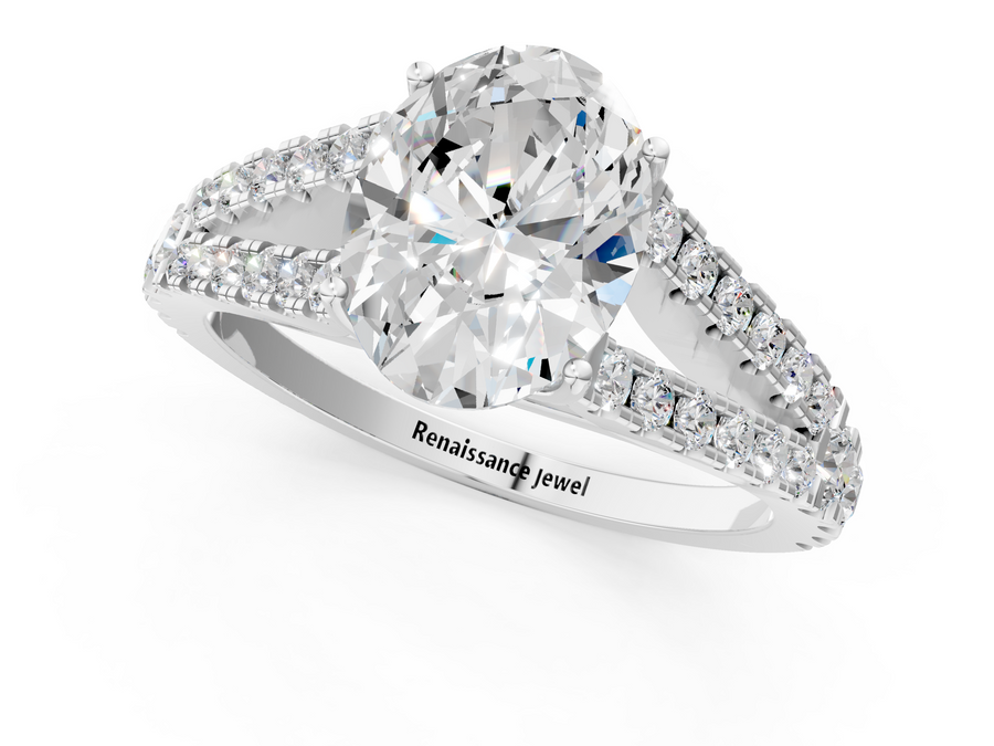 White gold Oval Cut Split Shank Pave Diamond Engagement Ring with Four-Prong Setting
