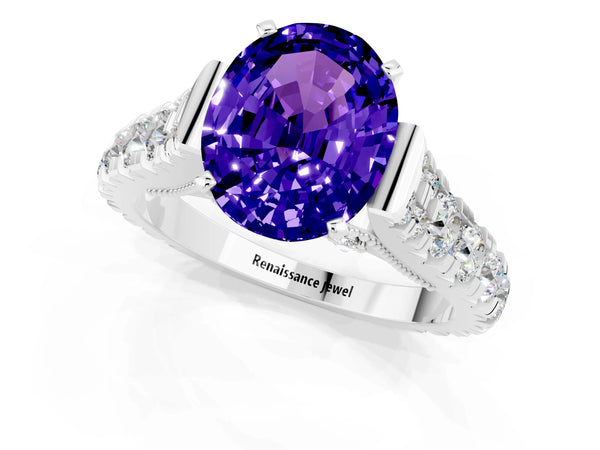 Silver Oval Cut Tanzanite Classic Solitaire Ring with Pavé Band and Four-Prong Setting