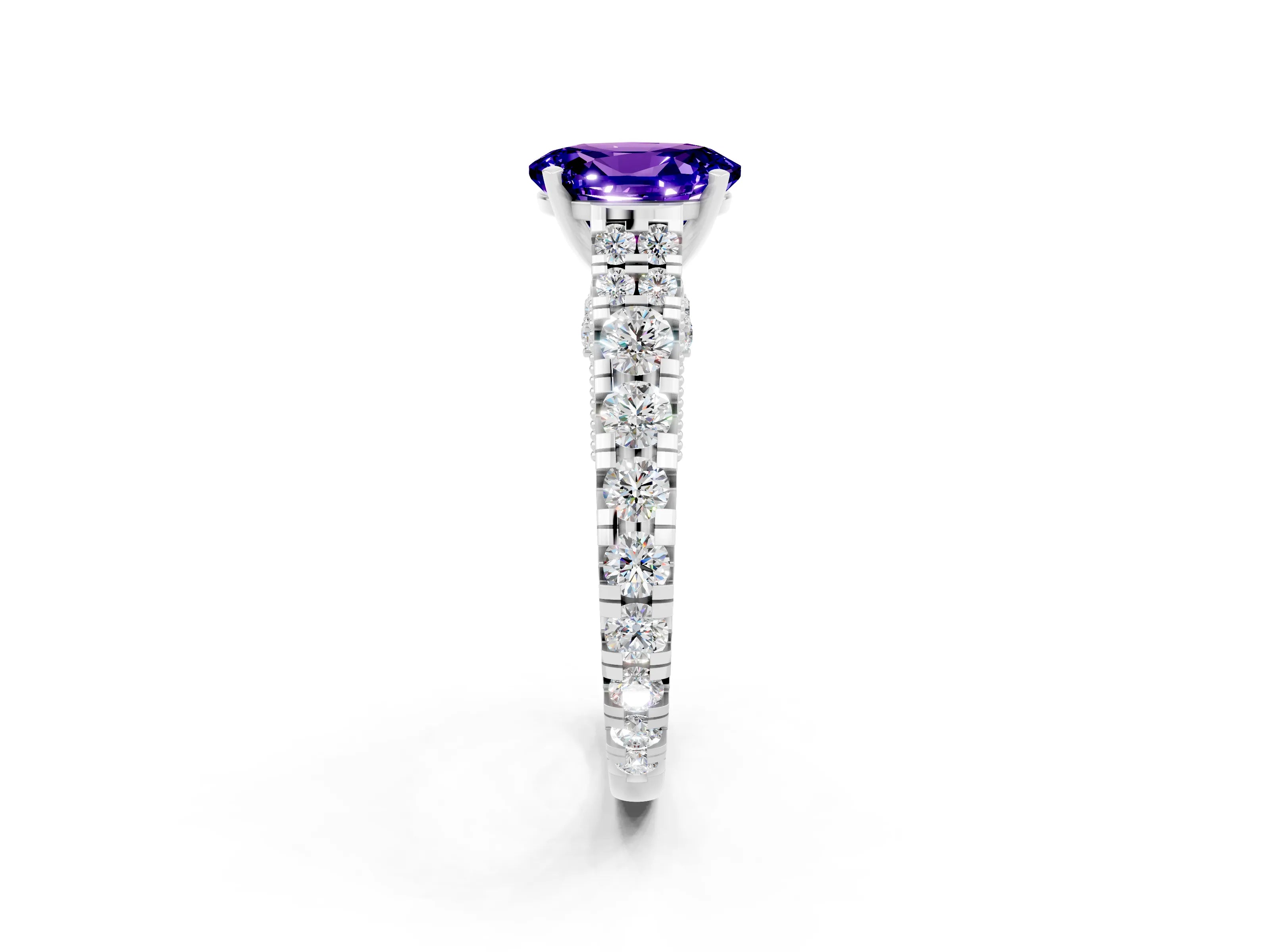 White gold Oval Cut Tanzanite Classic Solitaire Ring with Pavé Band and Four-Prong Setting_2