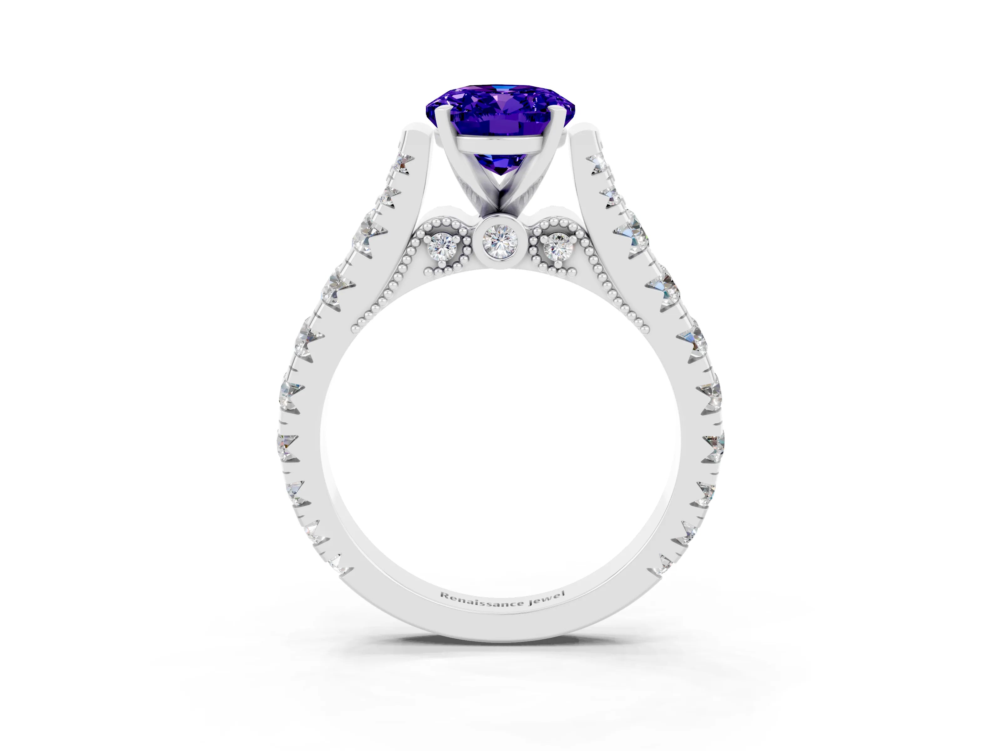 White gold Oval Cut Tanzanite Classic Solitaire Ring with Pavé Band and Four-Prong Setting_3