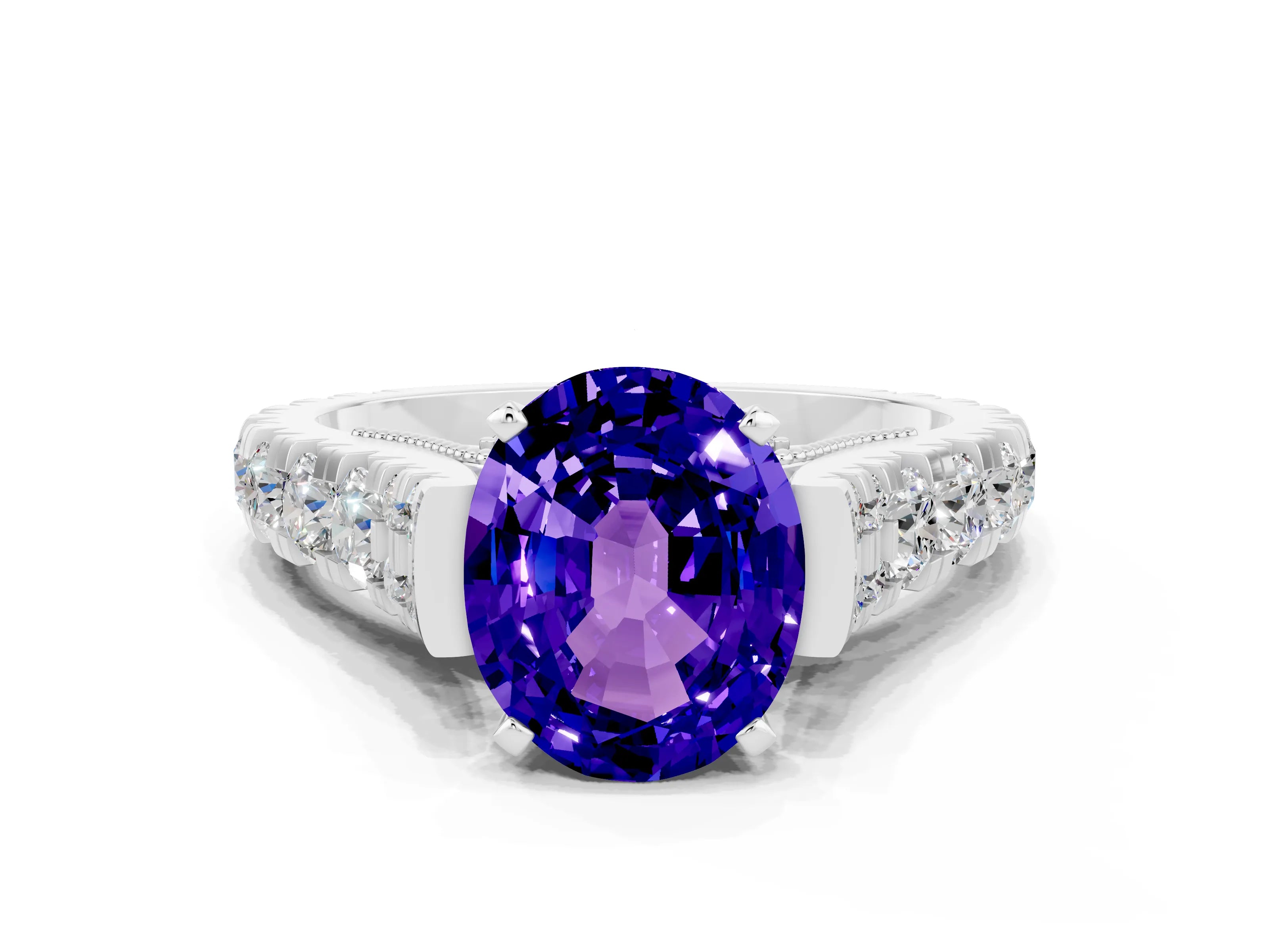 White gold Oval Cut Tanzanite Classic Solitaire Ring with Pavé Band and Four-Prong Setting