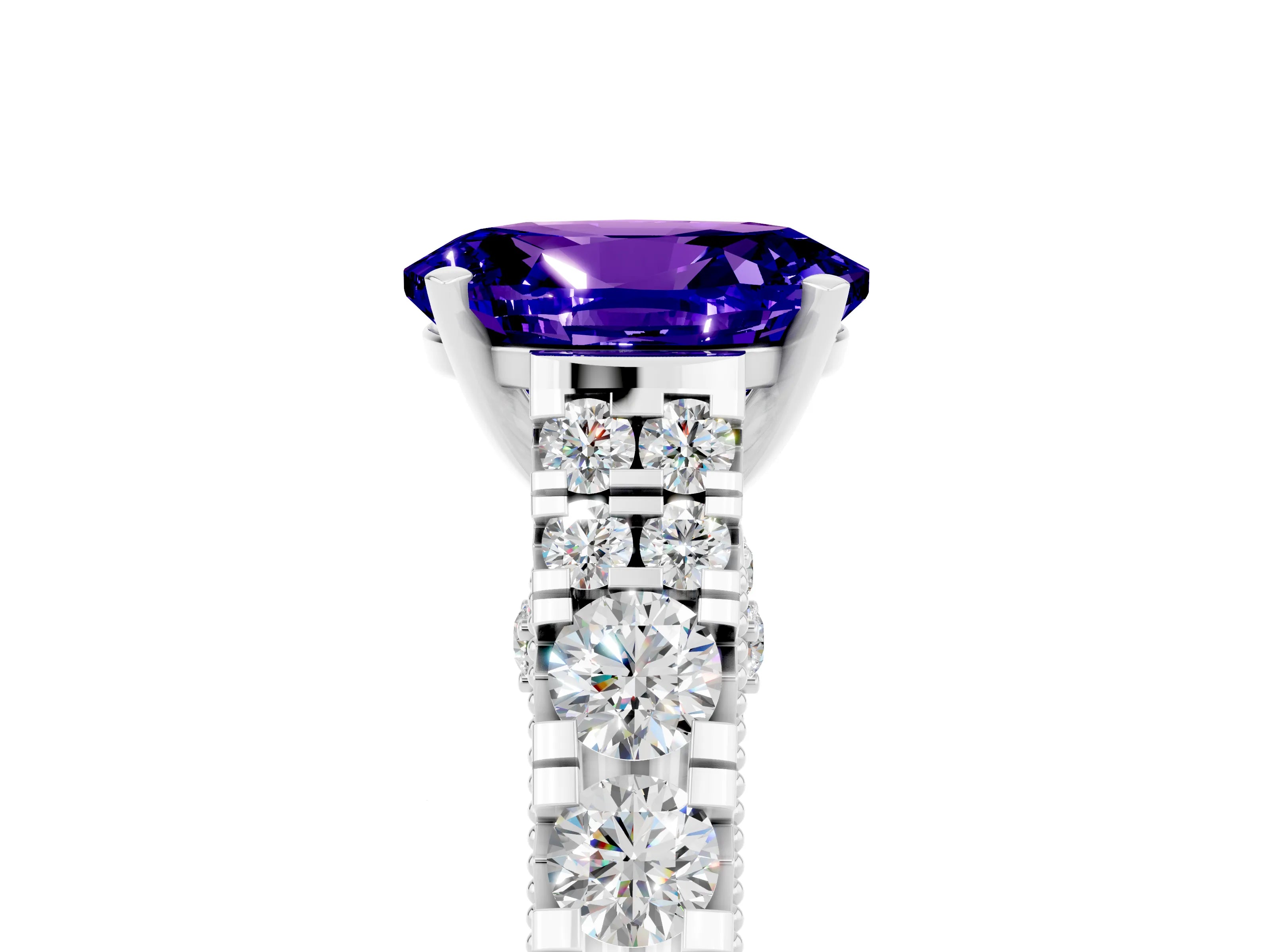 White gold Oval Cut Tanzanite Classic Solitaire Ring with Pavé Band and Four-Prong Setting_5