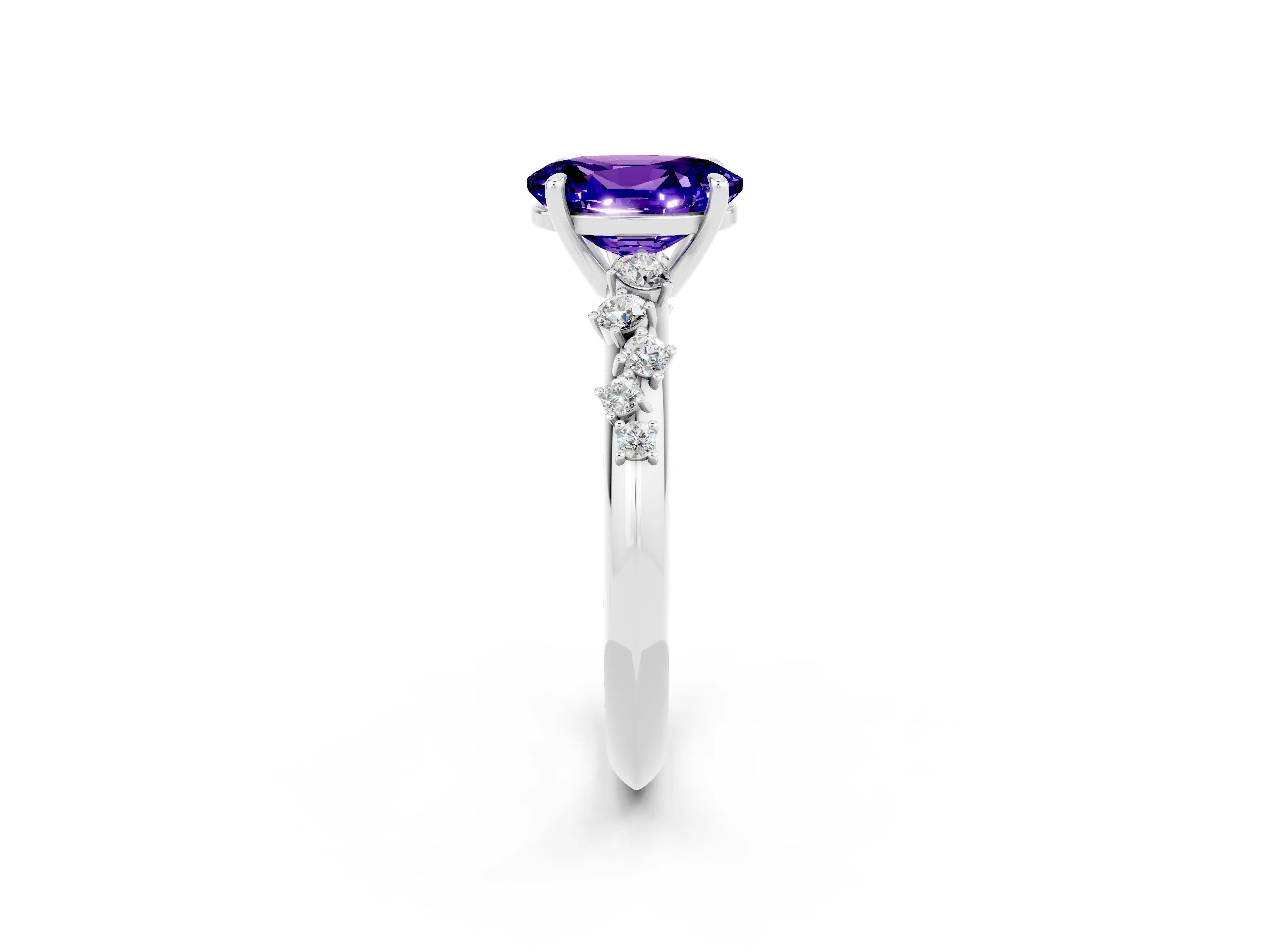 White gold Oval Cut Tanzanite Cluster Side Stone Solitaire Ring with Prong Setting_26
