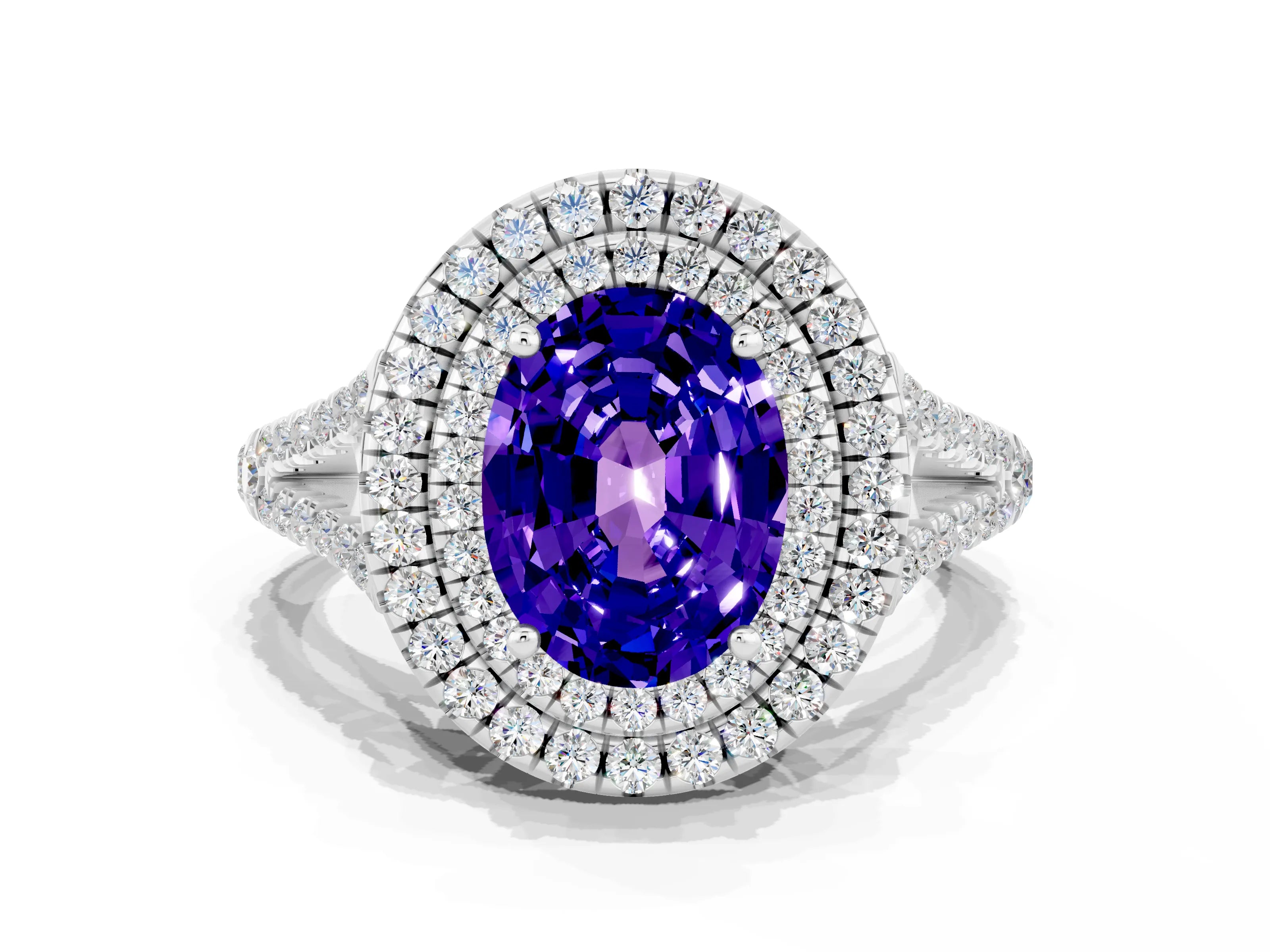 White gold Oval Cut Tanzanite Double Halo Ring with Pavé Band and Prong Setting_12