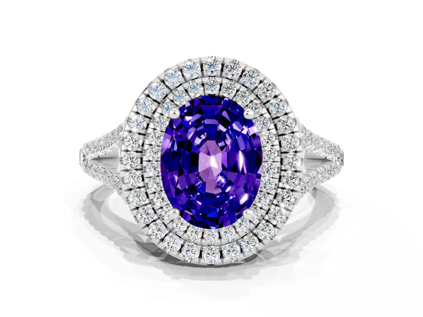 White gold Oval Cut Tanzanite Double Halo Ring with Pavé Band and Prong Setting