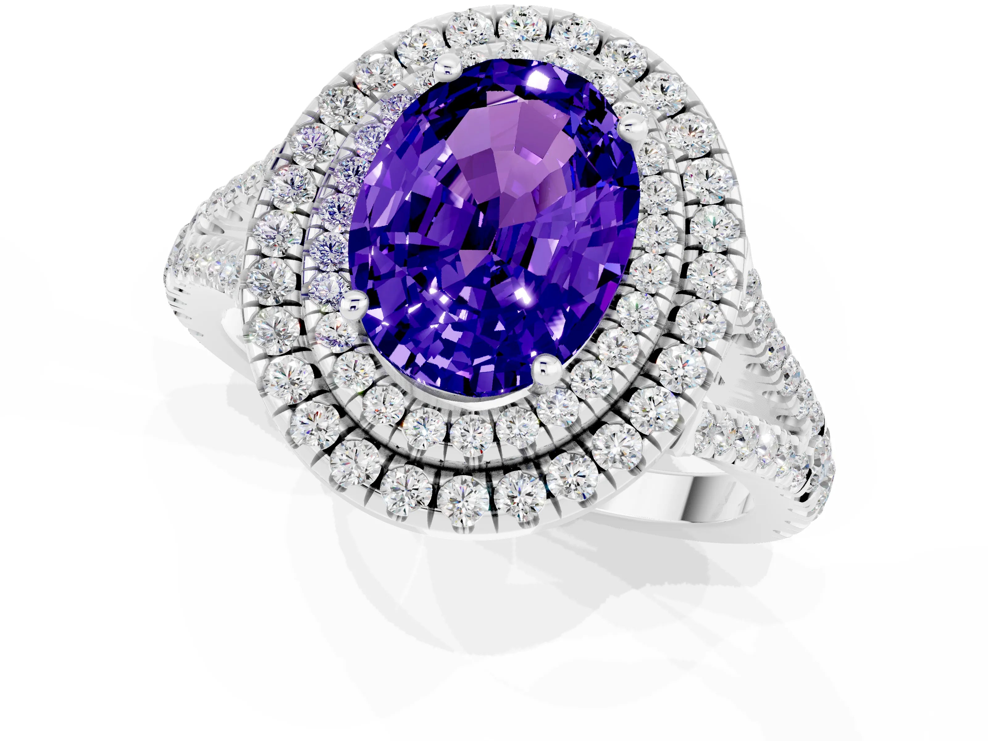 White gold Oval Cut Tanzanite Double Halo Ring with Pavé Band and Prong Setting_13