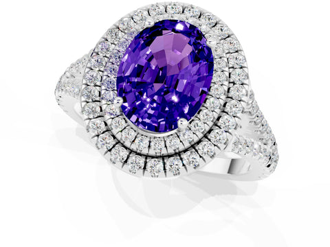 White gold Oval Cut Tanzanite Double Halo Ring with Pavé Band and Prong Setting_13