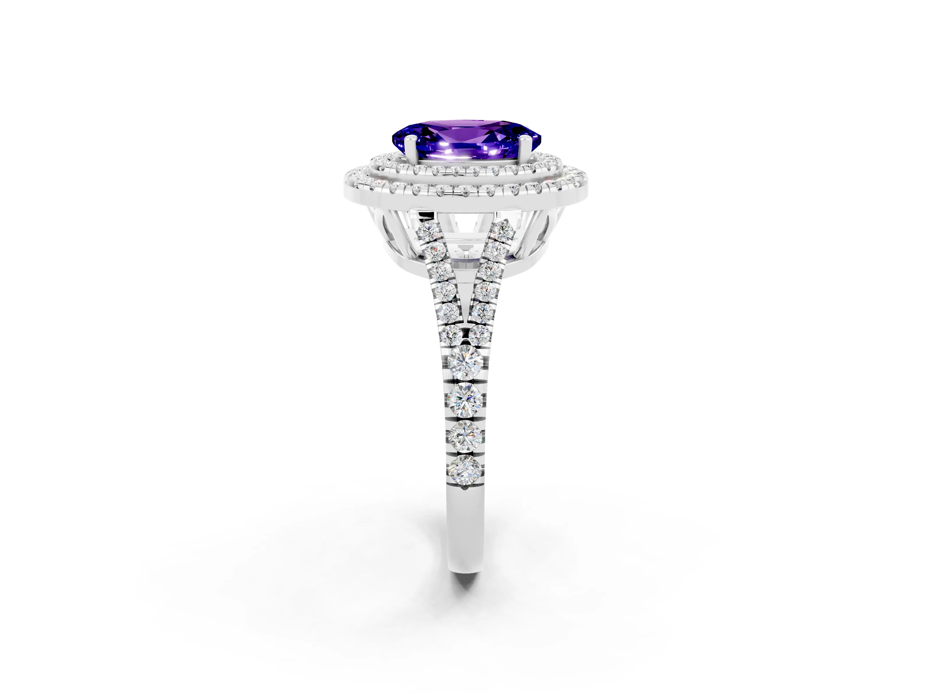 White gold Oval Cut Tanzanite Double Halo Ring with Pavé Band and Prong Setting_14