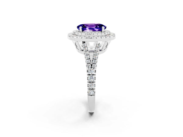 White gold Oval Cut Tanzanite Double Halo Ring with Pavé Band and Prong Setting