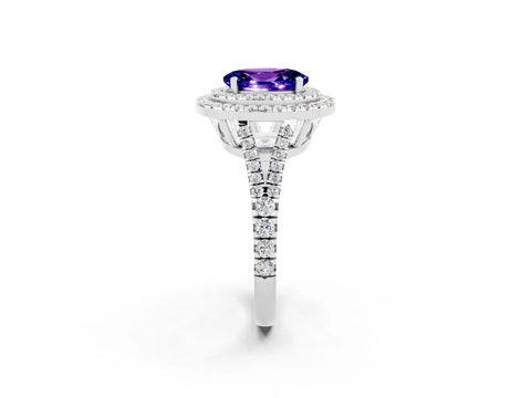 White gold Oval Cut Tanzanite Double Halo Ring with Pavé Band and Prong Setting_14