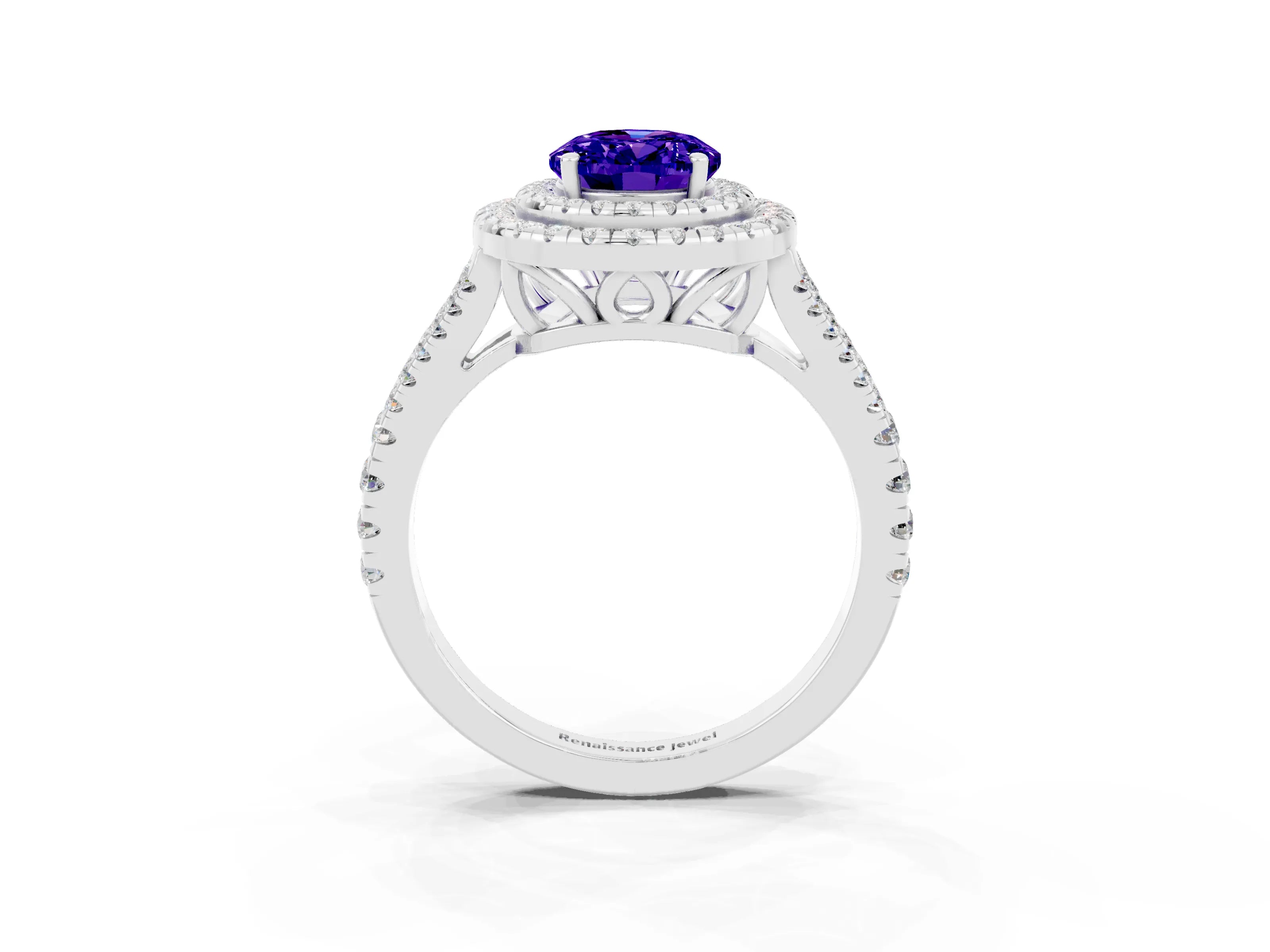 White gold Oval Cut Tanzanite Double Halo Ring with Pavé Band and Prong Setting_15