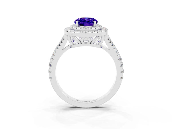 Silver Oval Cut Tanzanite Double Halo Ring with Pavé Band and Prong Setting