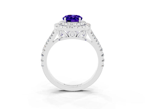 White gold Oval Cut Tanzanite Double Halo Ring with Pavé Band and Prong Setting_15
