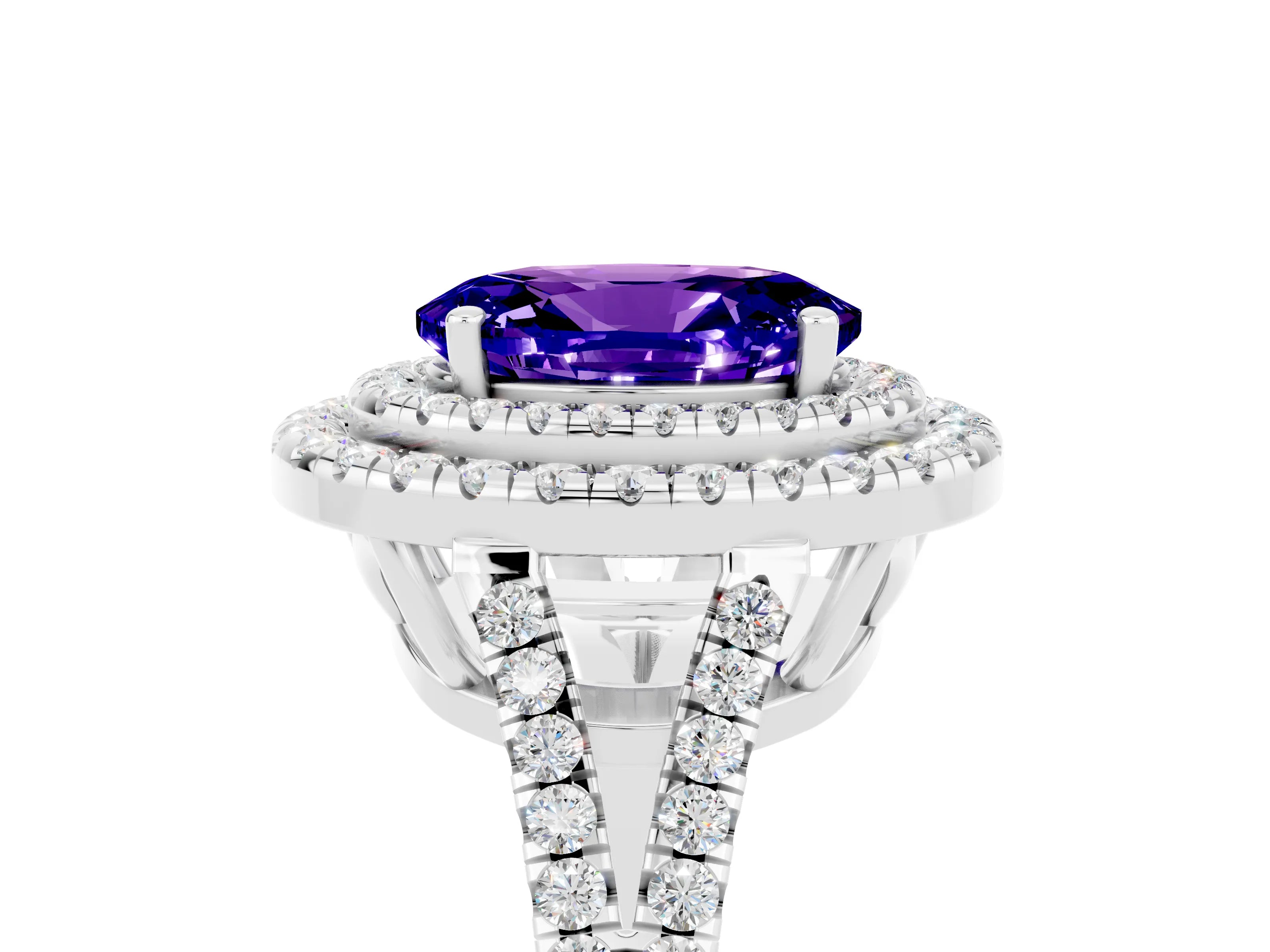 White gold Oval Cut Tanzanite Double Halo Ring with Pavé Band and Prong Setting_17