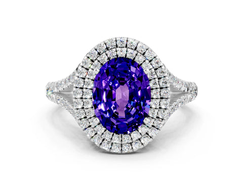 White gold Oval Cut Tanzanite Double Halo Ring with Split Shank and Prong Setting_12